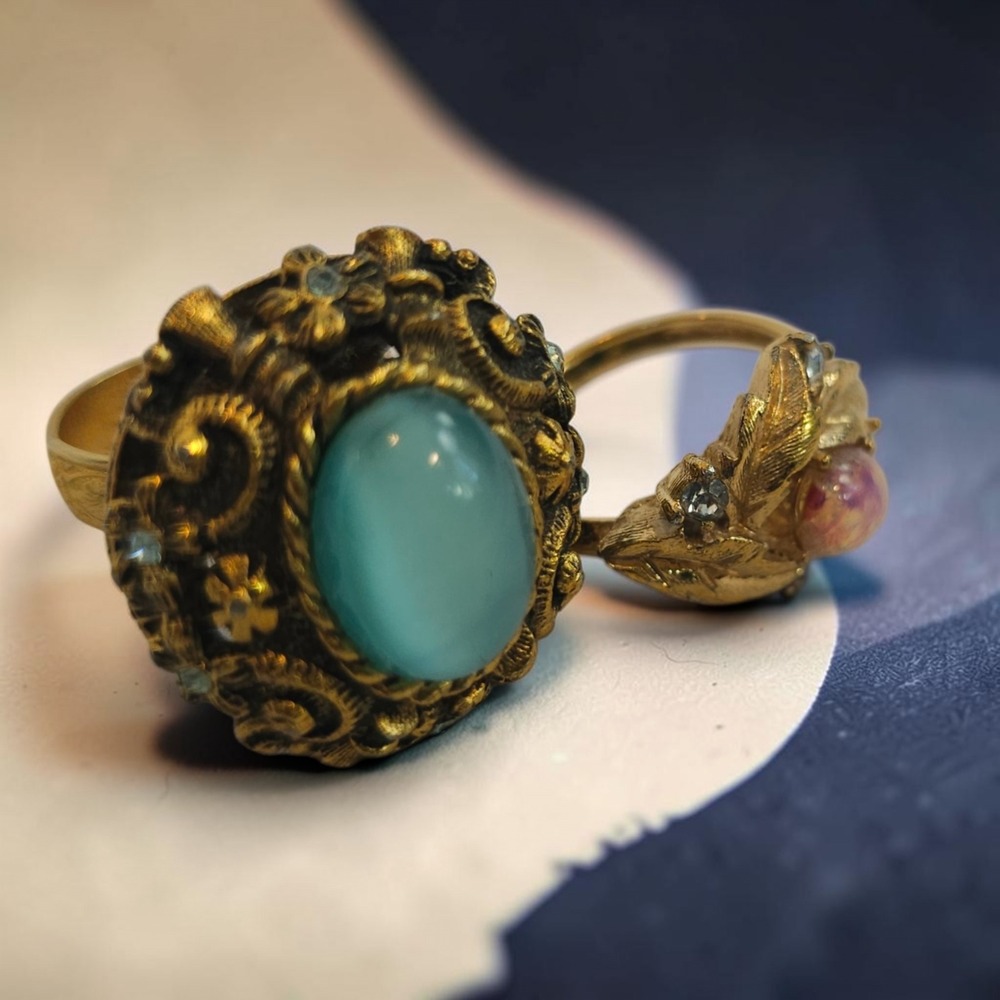 Vintage Gold Tone Cocktail Ring Set Teal, Faux Opal Sarah Coventry & Fire Flower - Picture 2 of 16